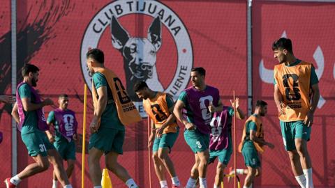 Iran's players take part in a training session during the 2026 World Cup football tournament at the Centro Xoloitzcuintle in Tijuana, Mexico