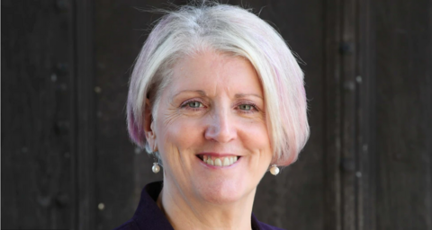 Dr Lynne Sedgmore CBE  smiling at the camera wearing pearl earrings and white hair with a pink of pink die