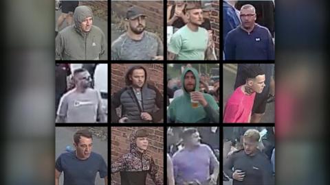 CCTV images of 12 people released by police over riots. One is drinking a pint of beer, some have hoods up and others wear hats.