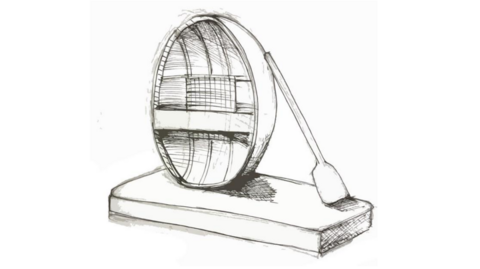 A black-and-white line drawing of a round coracle boat on its side on a plinth with a paddle leaning against its side.