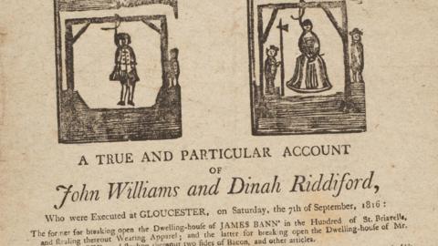 An aging yellowed document with wood cutting stamps depicting a man and a woman being publicly hanged. Below it reads 'A true and particular account of John Williams and Dinah Riddiford'. 