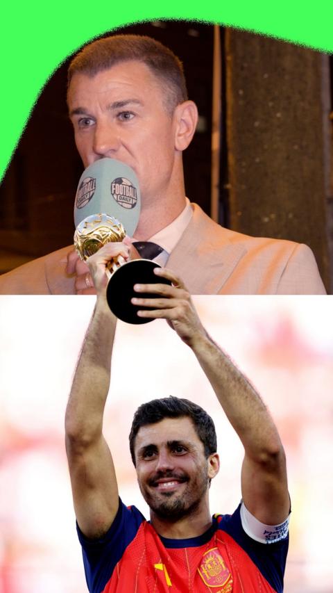 A split picture of Joe Hart talking to Football Daily and Rodri lifting a trophy