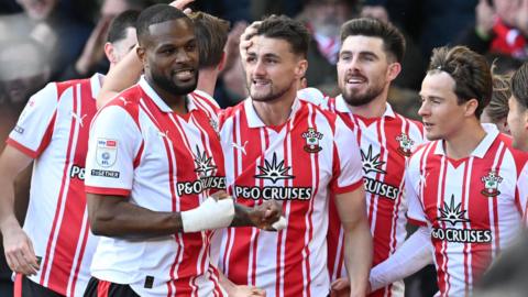 Southampton celebrates scoring the second goal against Derby