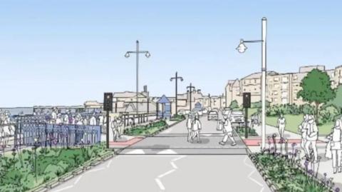 An artist's impression showing regeneration of Bognor Regis esplanade - people using a crossing with traffic lights with plants and grass either side of the road