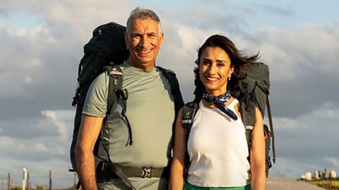 Anita Rani and her dad Bal with backpacks.