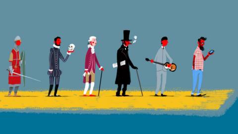 Illustration of a queue of historical figures, starting with a medieval soldier on the left, to a man looking at a mobile phone on the right