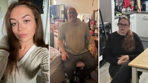 Three separate images of three different people. Two women and one man. 