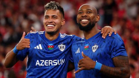 Qarabag's Camilo Duran celebrates scoring their second goal with Kevin Medina 