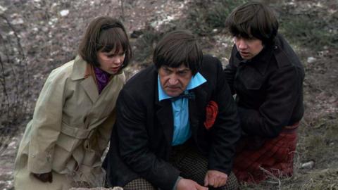 The Doctor (Patrick Troughton) and his companions, Jamie McCrimmon (Frazer Hines) and Zoe Heriot (Wendy Padbury) in colourised scene from 1969 story The War Games