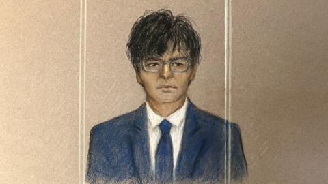 Court sketch of Zhenhao Zou, a man with black hair wearing a blue suit, white shirt and blue tie, sitting in the dock behind glass panels on Wednesday