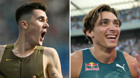 A split image of Jakob Ingebrigtsen and Armand Duplantis