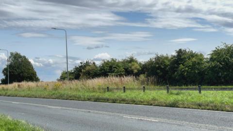 A picture of Rainford Road in Bickerstaff, with a grey two lane road in the foreground, a long grass verge in the background, with trees lining the road behind that.  Two street lights can be seen on the left of the picture.  The sky is blue with scattered cloud cover.