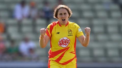 Nat Sciver-Brunt of Trent Rockets celebrates dismissing Fran Wilson of Birmingham Phoenix during The Hundred match between Birmingham Phoenix and Trent Rockets at Edgbaston on August 12, 2024