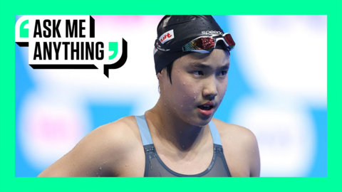Swimmer Yu Zidi with an Ask Me Anything border around her