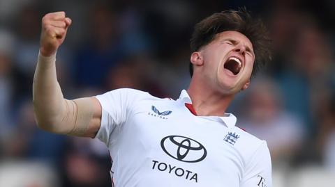 England fast bowler Sonny Baker celebrates taking a wicket