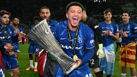 Jadon Sancho celebrates winning the Uefa Conference League with Chelsea in May