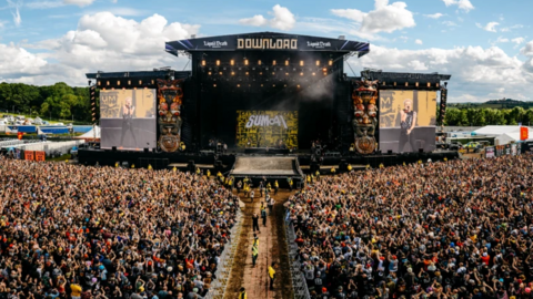 Huge crowds at the main stage of Download viewed from an elevated position
