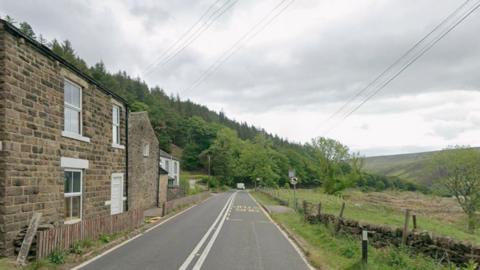 Streetview image showing the A57 Snake Road as it passes the former Snake Pass Inn