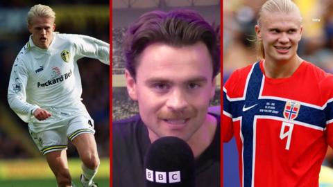 Composite imges of Alf-Inge Haaland plays for Leeds on the left, Erling playing for Norway on the right and BBC Leeds sports presenter Jamie Raynor speaking into a microphone in the centre