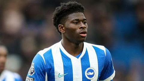 Brighton midfielder Carlos Baleba in action against Manchester United on the final day of last season