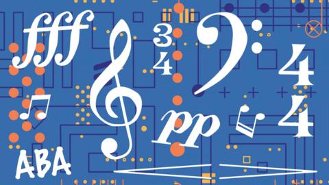 montage of elements of music (e.g. fff, pp, bass clef, treble clef, time signature)