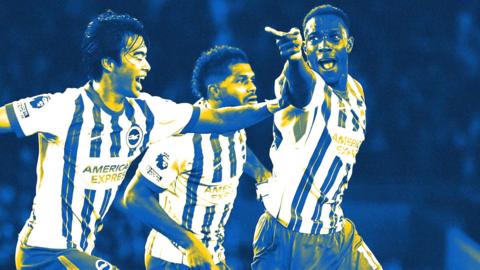 Danny Welbeck, Karou Mitoma and Georgino Rutter celebrate Brighton's winner against Tottenham