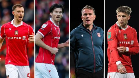 (From left to right) Wrexham defender Dom Hyam, striker Kieffer Moore, manager Phil Parkinson and forward Josh Windass