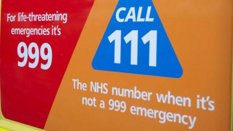 A logo of the NHS 111 call service with the 999 number next to it.