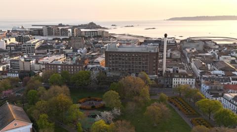 A drone shot of Jersey General Hospital and the surrounding area.