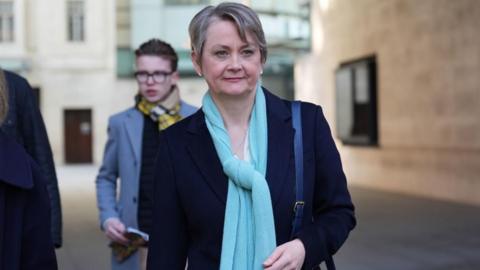 Yvette Cooper outside BBC Broadcasting House, London