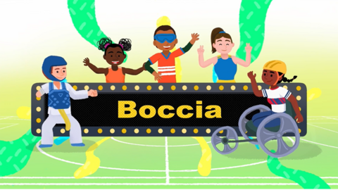 Illustration of young people in sporting outfits including a fencer and a wheelchair racer. Text reads, 'Boccia'.