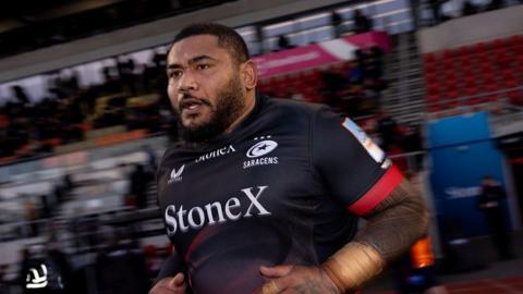 Tietie Tuimauga of Saracens runs out prior to the second half during the Gallagher PREM match between Saracens and Newcastle Red Bulls at StoneX Stadium on January 24, 2026 in Barnet, England.