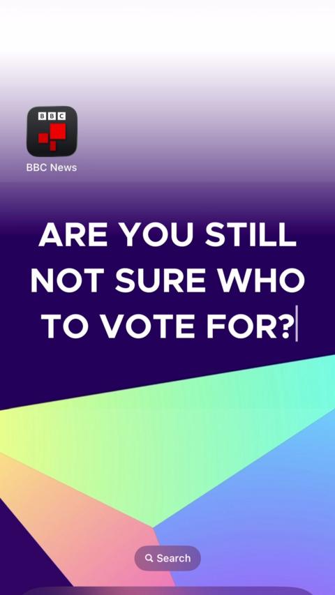 iPhone home screen with a purple wallpaper and the BBC News app. White text reads: ‘Are you still not sure who to vote for?’