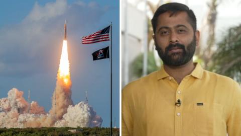 Splitscreen. Left, the Artemis II rocket blasts off. Right, BBC correspondent Arunday Mukharji speaks.