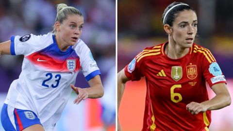 Alessia Russo playing for England and Aitana Bonmati playing for Spain at Euro 2025