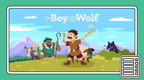 Cartoon characters on a hill depicting a scene from The boy who cried wolf story