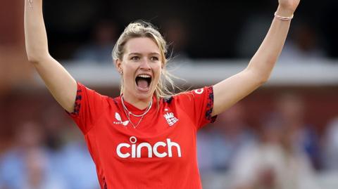 Lauren Bell celebrates a wicket