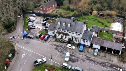 Aerial shot of Three Horseshoes pub in Knockholt