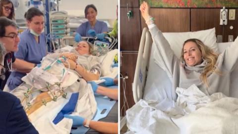 Left, Vonn in a hospital stretcher. Right, Vonn celebrates in a nicer bed.
