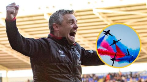 Lincoln City boss Michael Skubala celebrates with an inset image of the Red Arrows doing aerobatic moves with red and blue smoke coming off aircrafts