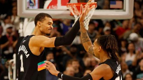 Victor Wembanyama celebrates with San Antonio Spurs team-mate Devin Vassell during their win over the Los Angeles Clippers on 6 March 2026