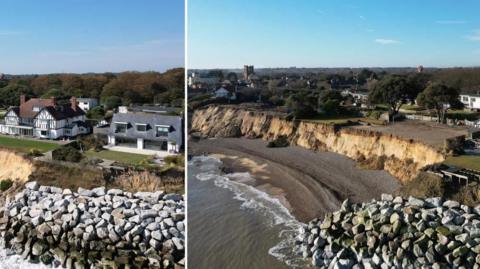 There are two side by side pictures of the same scene. The one on the left showing two homes on a cliff top the second showing where the cliff top had eroded and the homes were no longer there as they were demolished