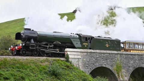 Flying Scotsman going over a bridge on the Swanage Railway