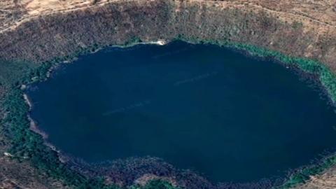 An aerial view of Lake Lonar in India