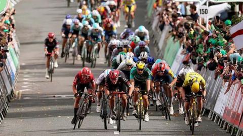 A peloton of cyclists racing on a road, surrounded by crowds of people cheering from behind barriers.