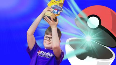 Oliver next to an opening Pokeball holding his trophy. 