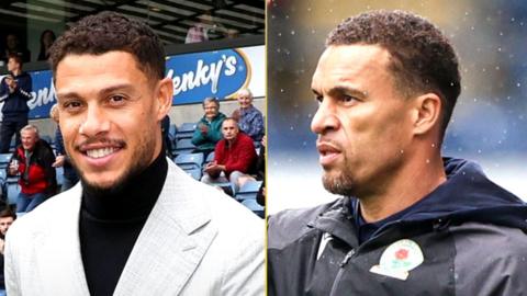 the left side features rudy gestede who looks ahead and smiles with teeth. he wears a black polo neck and light grey blazer. the right side features valerian ismael side profile wearing a black tracksuit jacket with blackburn rovers badge