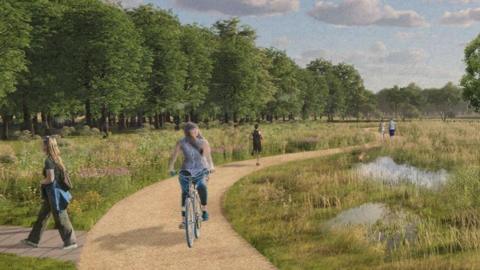 A drawing of a footpath, surrounded by grass and water with trees in the background and a number of people and a cyclist on the path