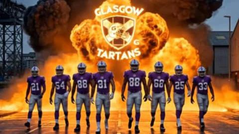 An AI-generated image showing eight American football players walking in front of flames with a Glasgow Tartans sign