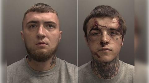 Police custody photographs of Daniel Woodley and Cameron Reilly. Both are wearing grey shirts and have neck tattoos and Reilly has wounds on his face